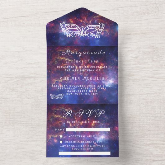 Masquerade Mask Galaxy Blue Stars Quinceanera All In One Uitnodiging (Binnen)