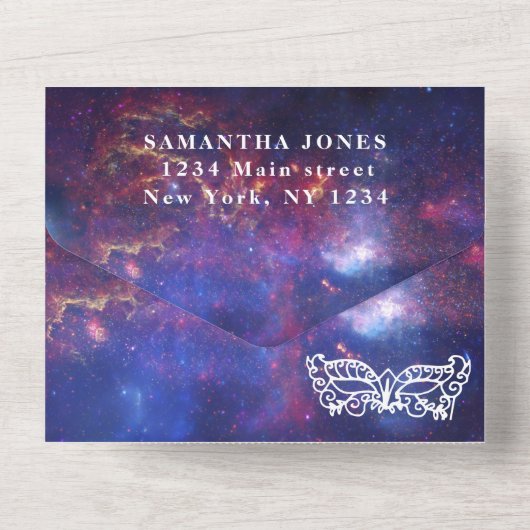 Masquerade Mask Galaxy Blue Stars Quinceanera All In One Uitnodiging (Achterkant)