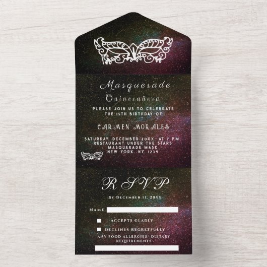 Masquerade Mask Galaxy Sky Stars Quinceanera All In One Uitnodiging (Binnen)