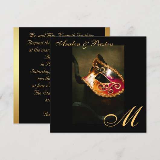 Masquerade Mask Gold Monogram Weddenschap Kaart (Voorkant / Achterkant)