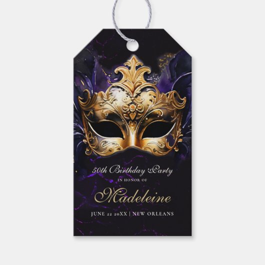Masquerade Mask Gold Purple Dramatic 50th Birthday Cadeaulabel (Voorkant)
