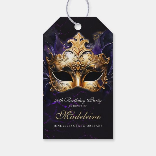 Masquerade Mask Gold Purple Dramatic 50th Birthday Cadeaulabel (Achterkant)