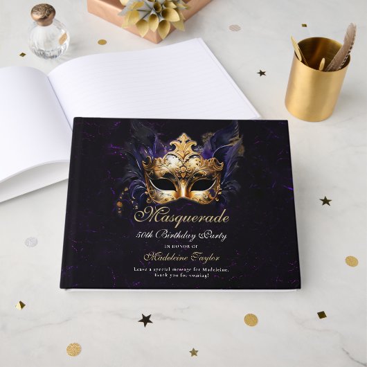 Masquerade Mask Gold Purple Dramatic 50th Birthday Gastenboek (Voorkant open)