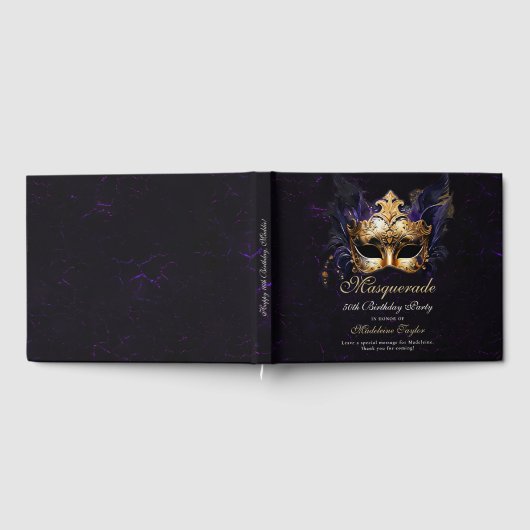 Masquerade Mask Gold Purple Dramatic 50th Birthday Gastenboek (Volledig)