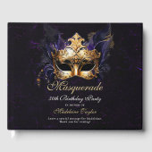Masquerade Mask Gold Purple Dramatic 50th Birthday Gastenboek (Voorkant)