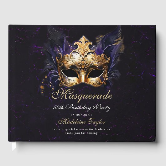 Masquerade Mask Gold Purple Dramatic 50th Birthday Gastenboek (Voorkant)