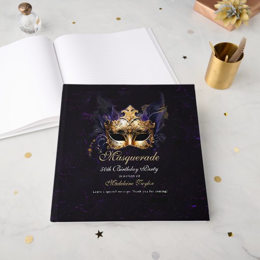 Masquerade Mask Gold Purple Dramatic 50th Birthday Gastenboek (Voorkant open)