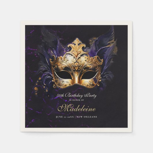 Masquerade Mask Gold Purple Dramatic 50th Birthday Servet (Voorkant)