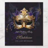 Masquerade Mask Gold Purple Dramatic 50th Birthday Wijn Etiket (Enkel label)