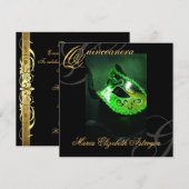 Masquerade Mask Green Quinceanera Party Invitation Kaart (Voorkant / Achterkant)