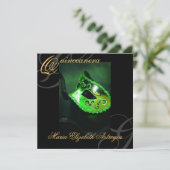 Masquerade Mask Green Quinceanera Party Invitation Kaart (Staand voorkant)