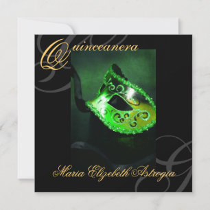 Masquerade Mask Green Quinceanera Party Invitation Kaart