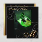 Masquerade Mask Green Swirl Wedding Invitation Kaart (Voorkant / Achterkant)