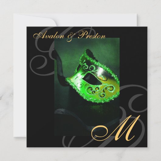 Masquerade Mask Green Swirl Wedding Invitation Kaart (Voorkant)