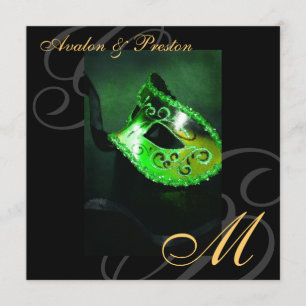 Masquerade Mask Green Swirl Wedding Invitation Kaart