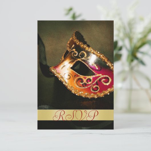 Masquerade Mask Holiday Gold RSVP Uitnodiging (Staand voorkant)