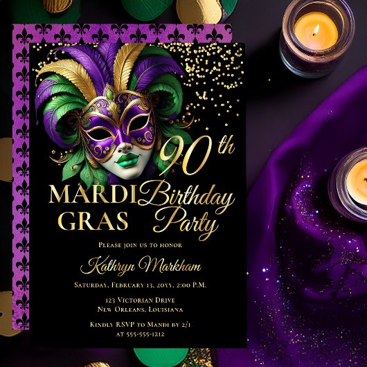 Masquerade Mask Mardi Gras 90th Birthday Party Folie Uitnodiging