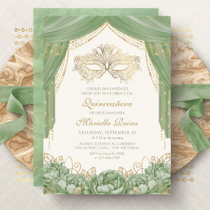 Masquerade Mask Modern Sage Green Quinceanera Kaart