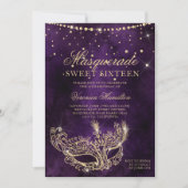 Masquerade mask paars goudglitter Sweet 16 Kaart (Voorkant)
