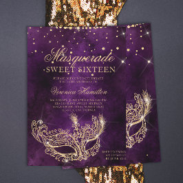 Masquerade mask paars goudglitter Sweet 16 Kaart