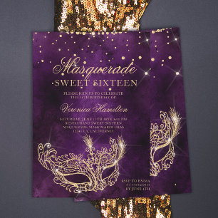 Masquerade mask paars goudglitter Sweet 16 Kaart