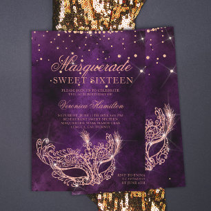 Masquerade mask paars roos goudglitter Sweet 16 Kaart