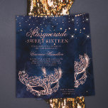 Masquerade mask roos goudglitter sparkle Sweet 16 Kaart<br><div class="desc">Een moderne,  chic en glamoureus zoete zestien met een handgetekend roos goudglitter maskerade masker met roos goudglitter diamantsparkles op een donkerblauw-waterverf achtergrond.</div>