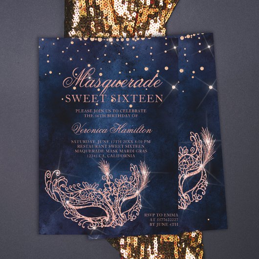 Masquerade mask roos goudglitter sparkle Sweet 16 Kaart
