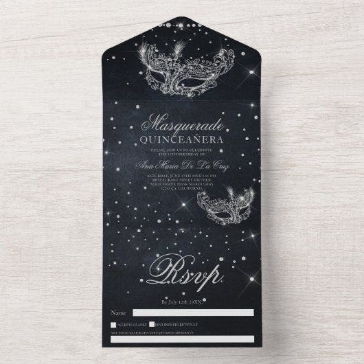 Masquerade mask zilverglitter quinceanera zwart all in one uitnodiging (Binnen)