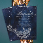 Masquerade mask zilverglitter sparkles Sweet 16 Kaart<br><div class="desc">Een moderne,  chic en glamoureus zoete zestien met een handgetekend zilveren glitter masquerade masker met zilverglitterdiamantsparken op een donkerblauw waterverf achtergrond.</div>
