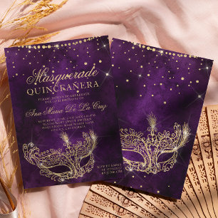 Masquerade maskeer paars goudglitter quinceanera kaart