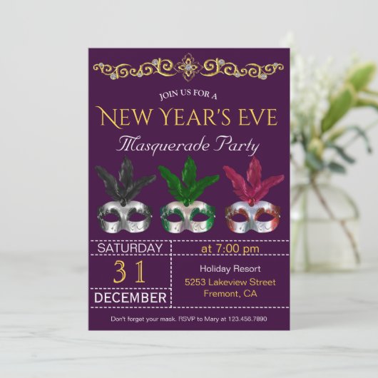 Masquerade maskeert uitnodiging voor oudejaarsavon (Staand voorkant)