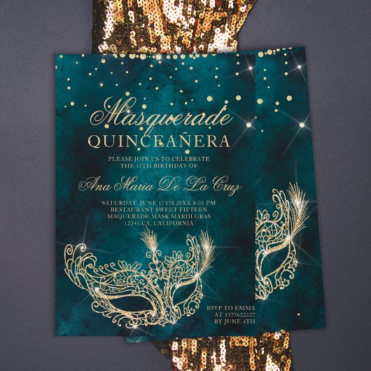 Masquerade masker blauwgroen goud glitter quincean kaart