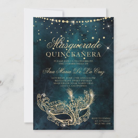 Masquerade masker blauwgroen goud glitter quincean kaart (Voorkant)