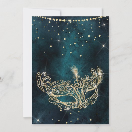 Masquerade masker blauwgroen goud glitter quincean kaart (Achterkant)