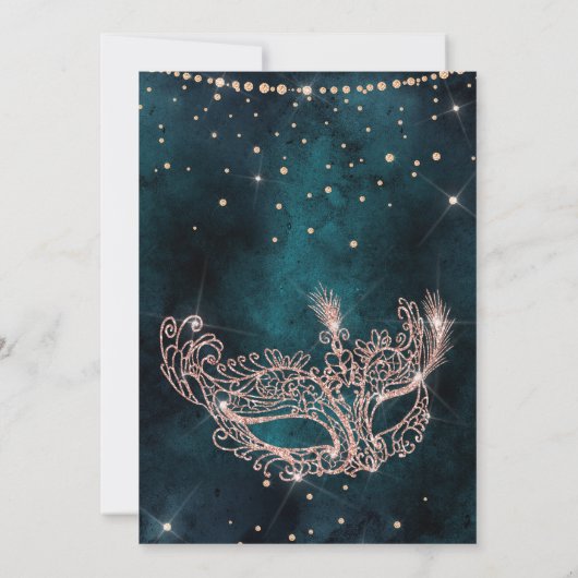 Masquerade masker blauwgroen roos goudglitter quin kaart (Achterkant)