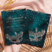Masquerade masker blauwgroen roos goudglitter quin kaart