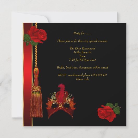 Masquerade Masker Elegant Black Red Rose Gold Kaart (Achterkant)