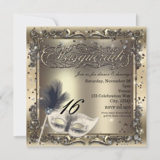 Masquerade Masker Elegant Gouden Verjaardagsfeest Kaart (Achterkant)