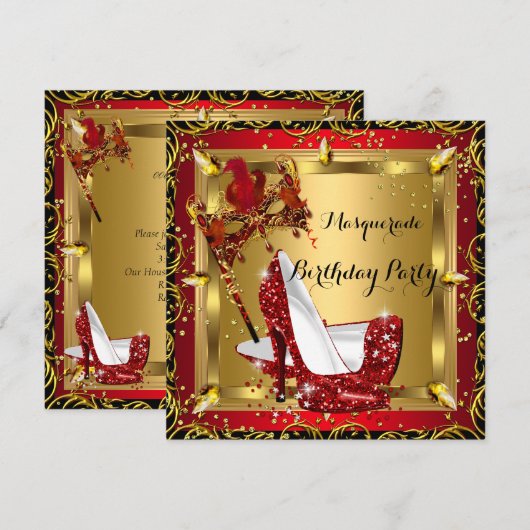 Masquerade Masker High Hiel Shoe Red Birthday 3 Kaart (Voorkant / Achterkant)