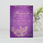 Masquerade masker lila goud glitter quinceanera kaart (Staand voorkant)
