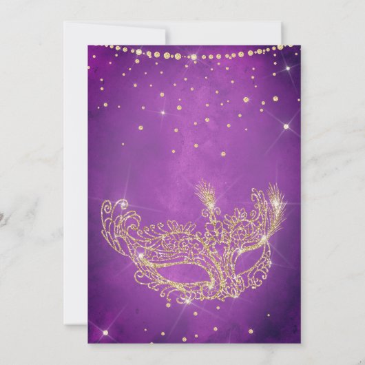 Masquerade masker lila goud glitter quinceanera kaart (Achterkant)