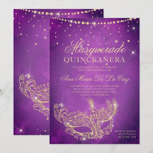 Masquerade masker lila goud glitter quinceanera kaart (Voorkant / Achterkant)