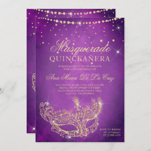 Masquerade masker lila goud glitter quinceanera kaart