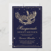 Masquerade masker navy blauw goud glitter Sweet 16 Kaart (Voorkant)