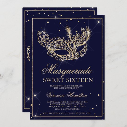Masquerade masker navy blauw goud glitter Sweet 16 Kaart (Voorkant / Achterkant)