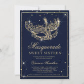 Masquerade masker navy blauw goud glitter Sweet 16 Kaart (Voorkant)