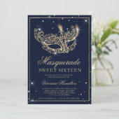 Masquerade masker navy blauw goud glitter Sweet 16 Kaart (Staand voorkant)