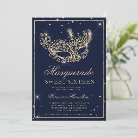 Masquerade masker navy blauw goud glitter Sweet 16 Kaart (Staand voorkant)