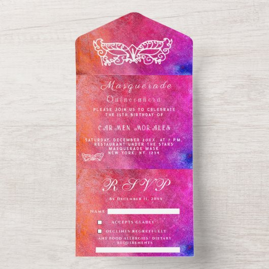 Masquerade Masker Pink Glitter Abstract Quinceaner All In One Uitnodiging (Binnen)